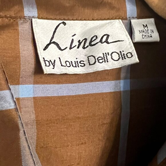 Linea By Louis DellOlio Womens Brown Checkered Silk Button-Up Shirt M - Picture 3 of 5
